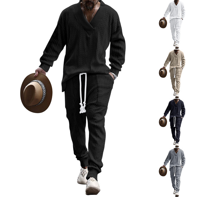 Autumn and winter men's casual versatile jacquard sweater two-piece suit