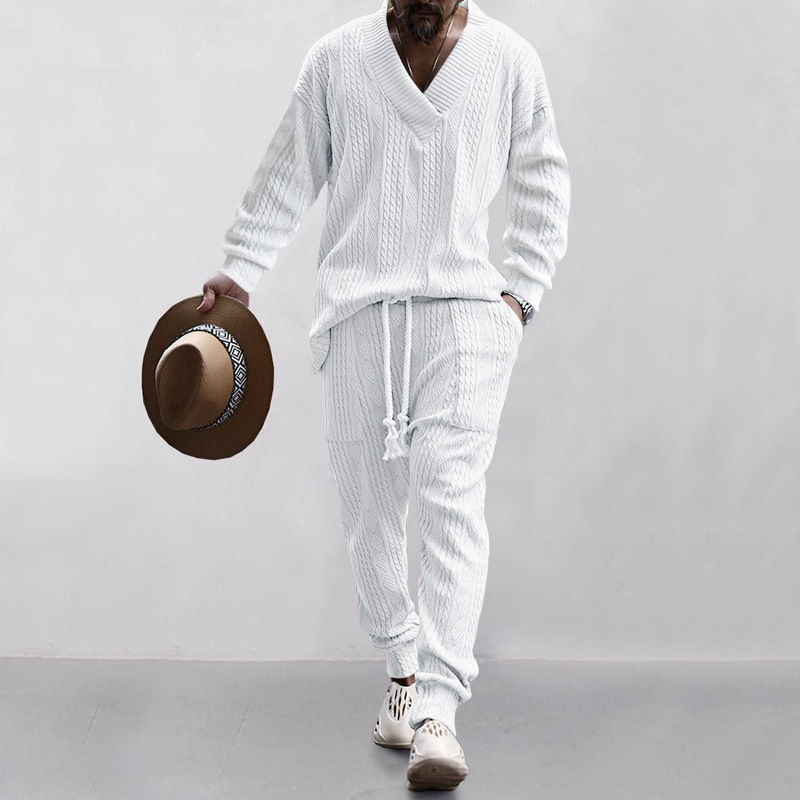 Autumn and winter men's casual versatile jacquard sweater two-piece suit