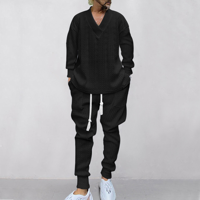 Autumn and winter men's casual versatile jacquard sweater two-piece suit