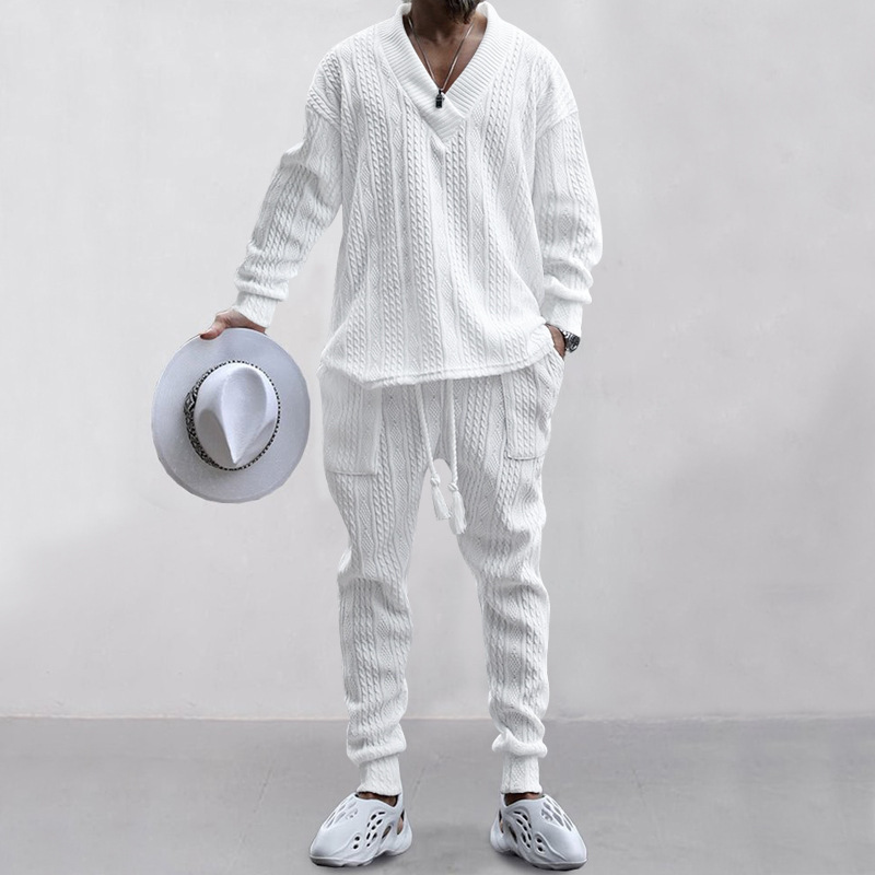 Autumn and winter men's casual versatile jacquard sweater two-piece suit