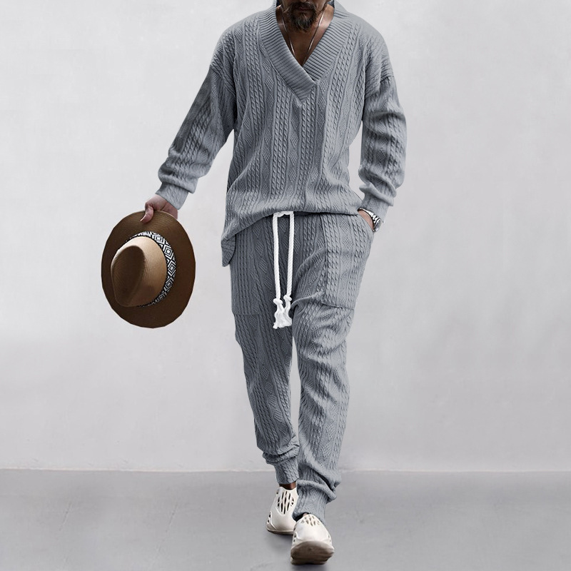 Autumn and winter men's casual versatile jacquard sweater two-piece suit