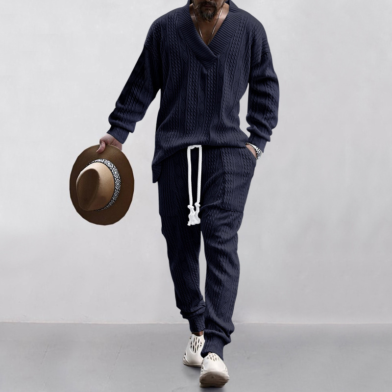 Autumn and winter men's casual versatile jacquard sweater two-piece suit