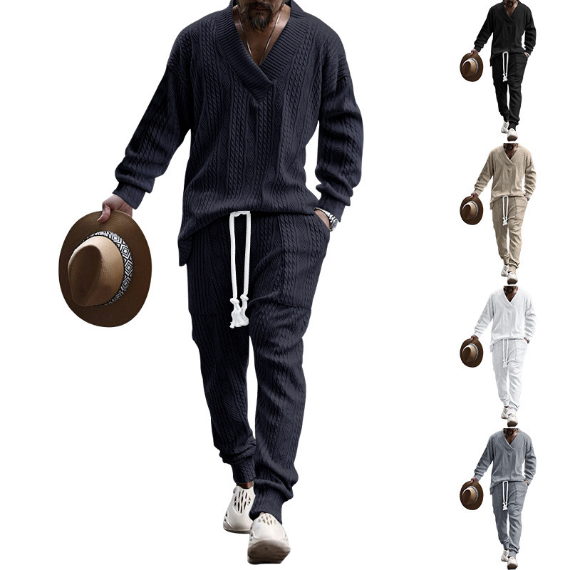 Autumn and winter men's casual versatile jacquard sweater two-piece suit