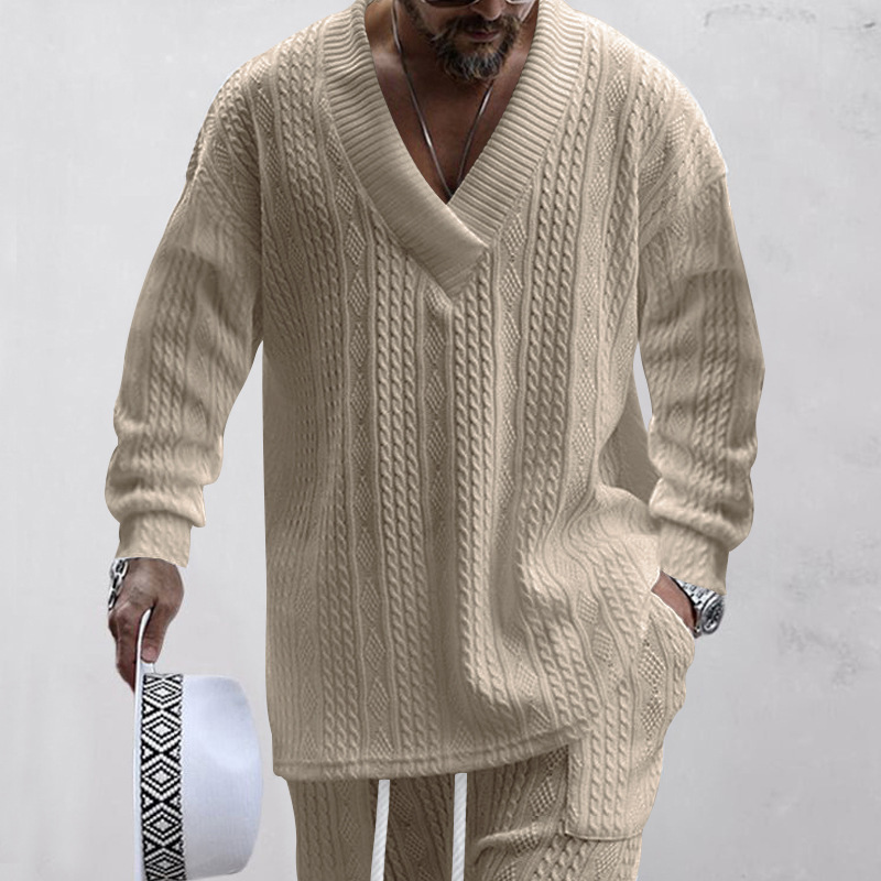 Autumn and winter men's casual versatile jacquard sweater two-piece suit