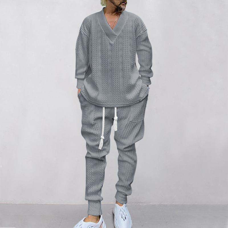 Autumn and winter men's casual versatile jacquard sweater two-piece suit