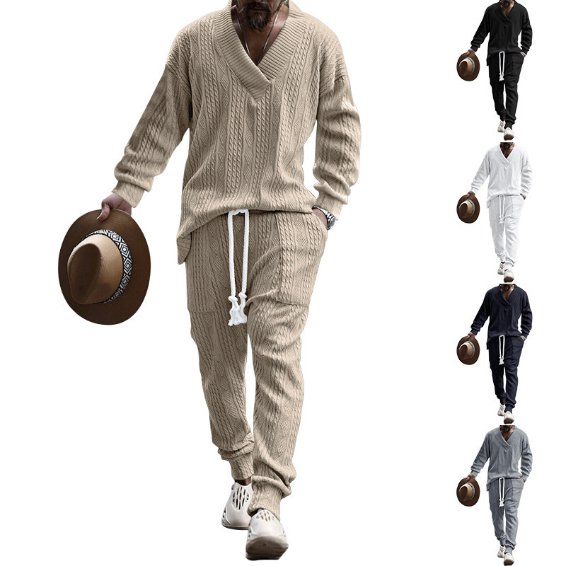 Autumn and winter men's casual versatile jacquard sweater two-piece suit