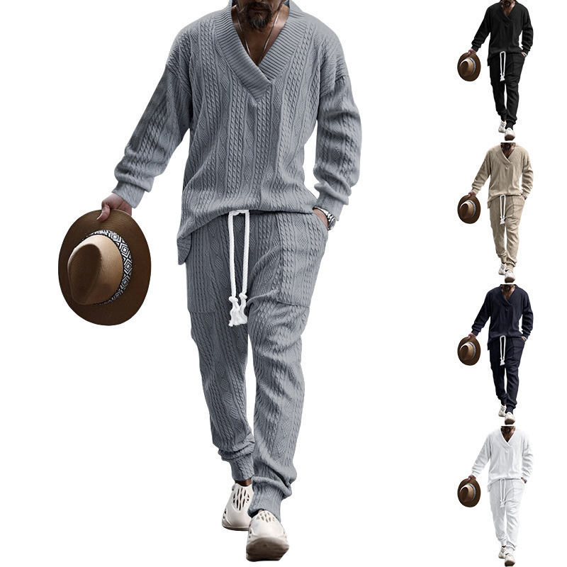 Autumn and winter men's casual versatile jacquard sweater two-piece suit