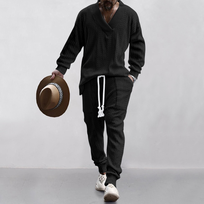 Autumn and winter men's casual versatile jacquard sweater two-piece suit