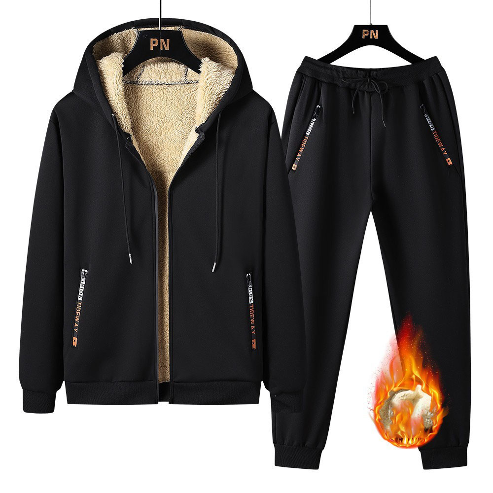 New men's lambskin hooded sweatshirt casual trousers suit in winter