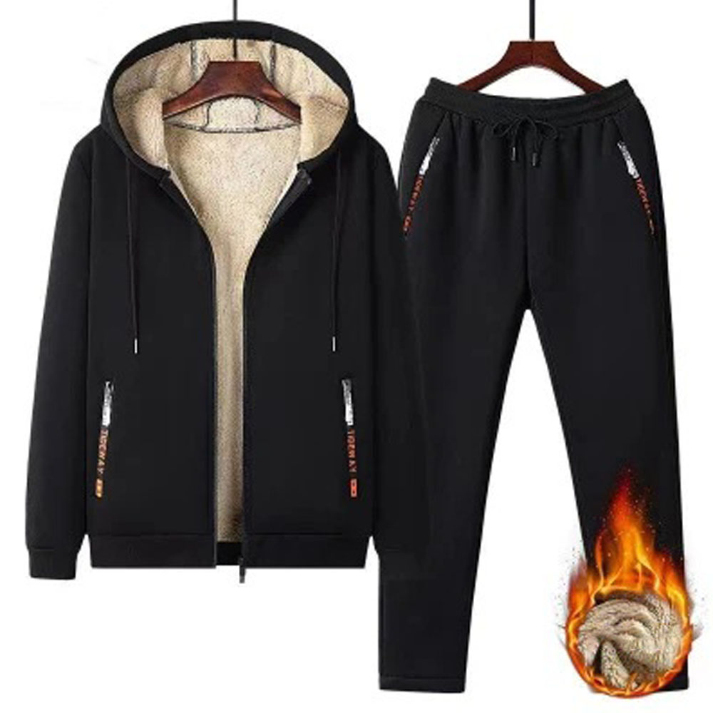New men's lambskin hooded sweatshirt casual trousers suit in winter