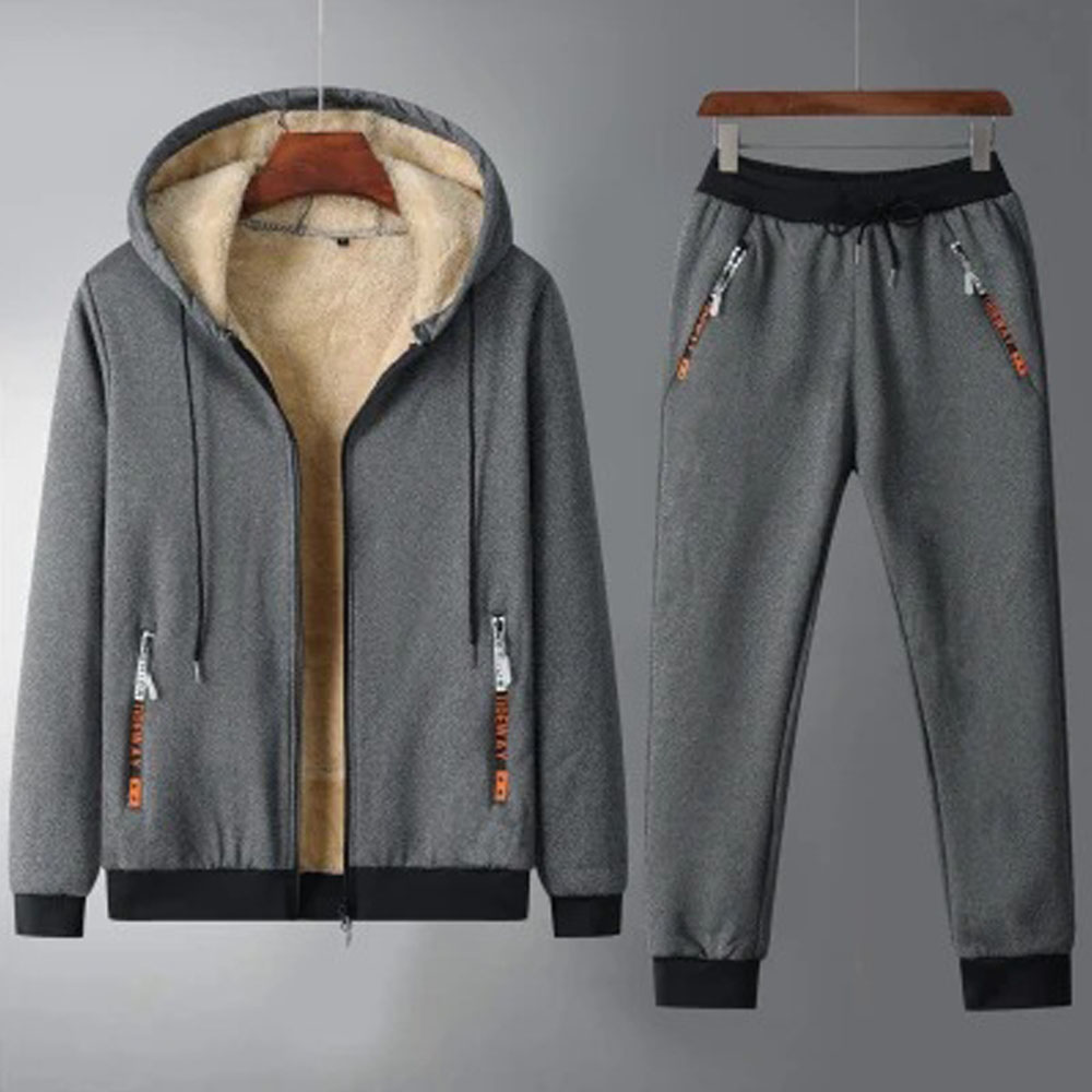 New men's lambskin hooded sweatshirt casual trousers suit in winter