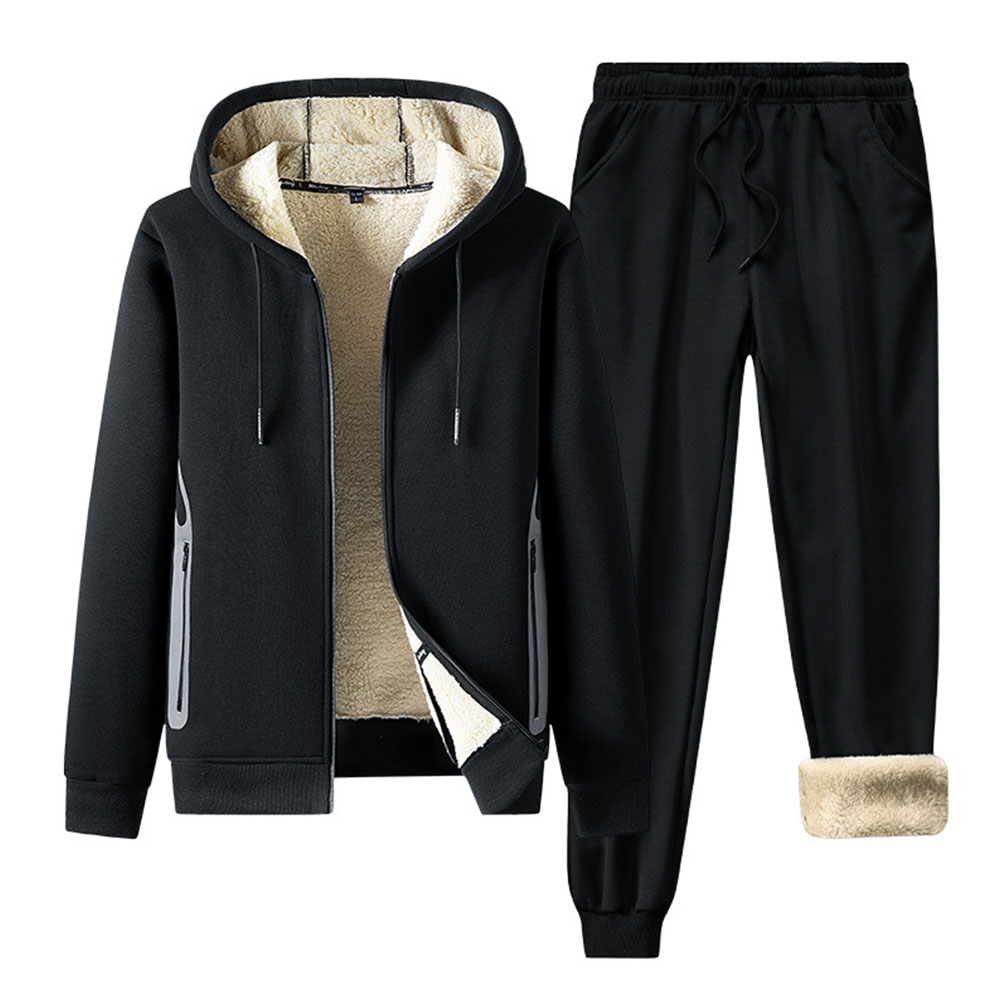 Men's Cotton and Linen Plush Hooded Jacket Sportswear Two-piece Suit