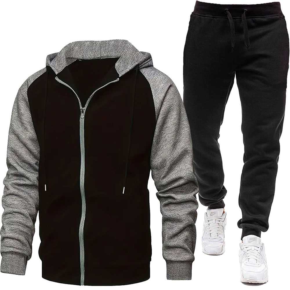 Autumn and Winter Men's Fashionable Color Block Casual Hooded Cardigan Suit