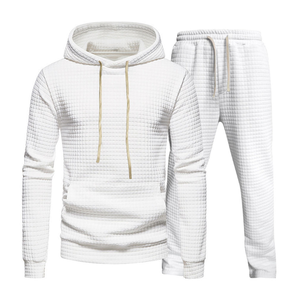 Men's casual small checkered jacquard hooded sweatshirt and pants set
