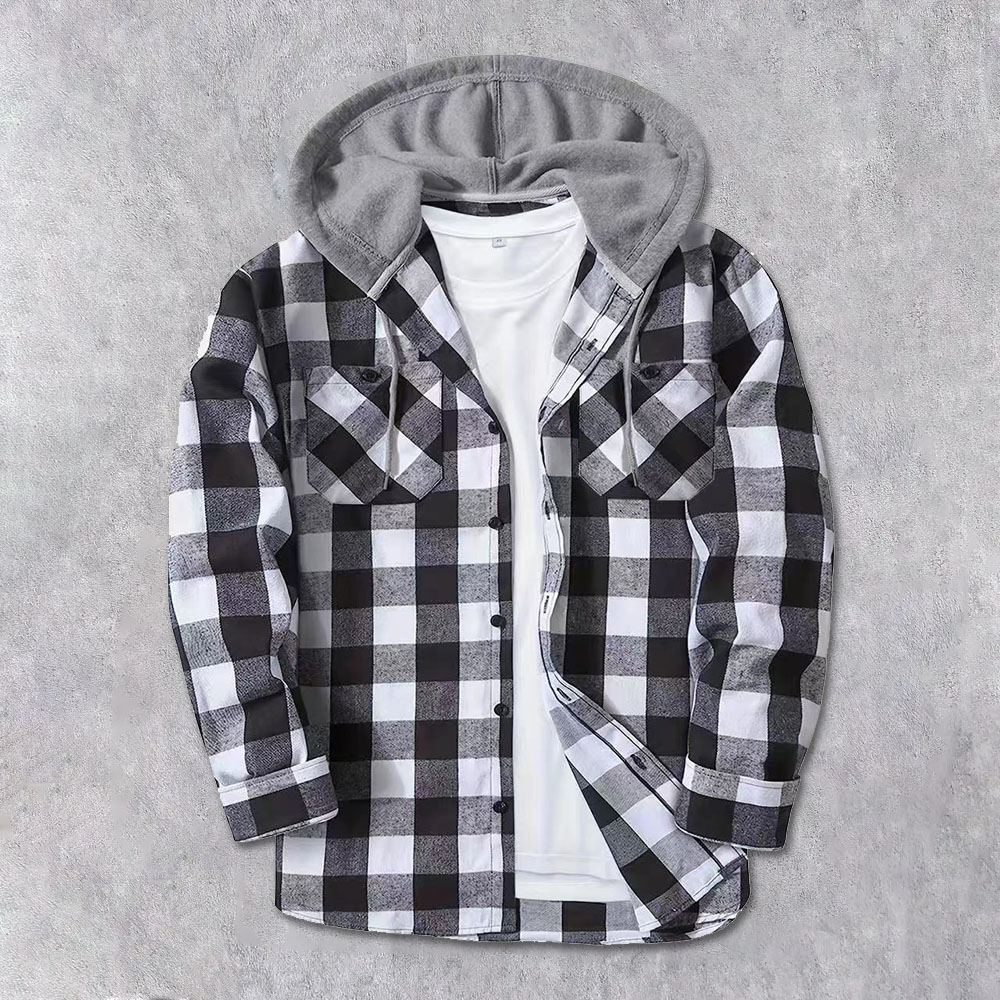Men's Brushed Checkerboard Hooded Drawstring Cardigan