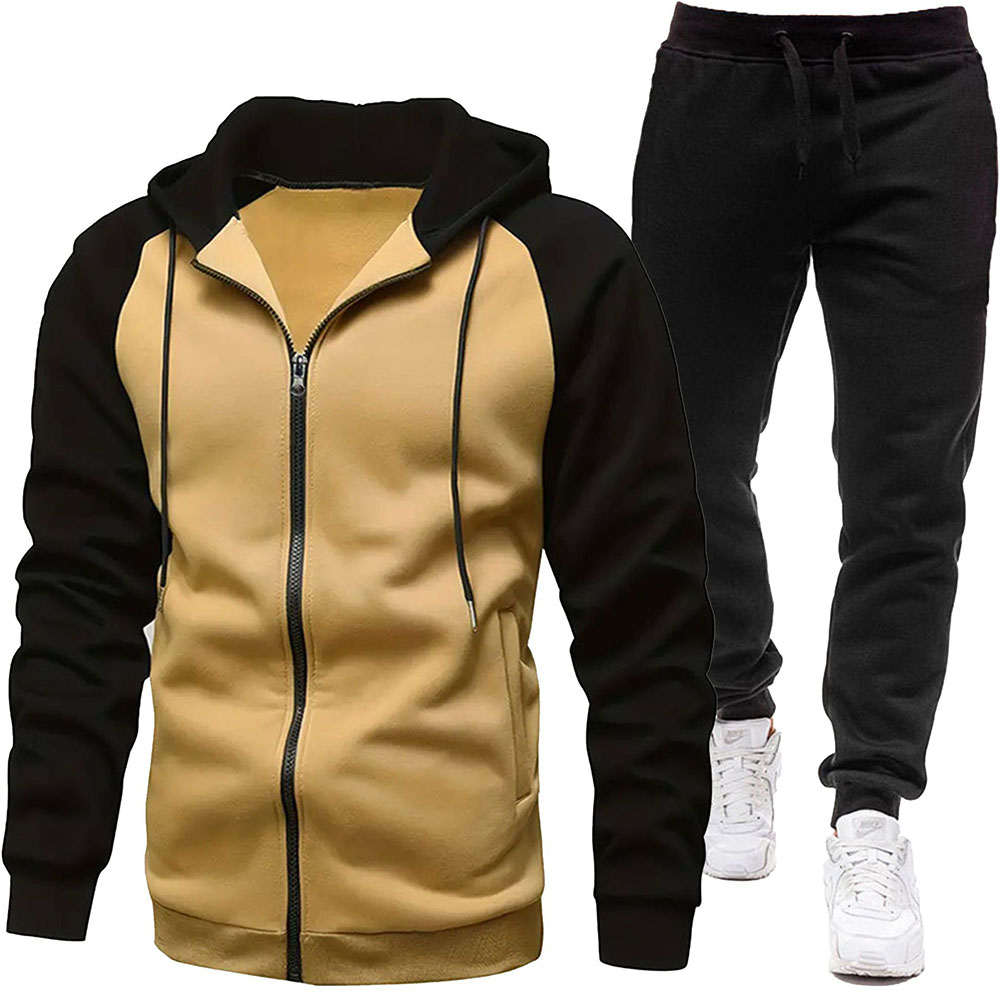 Autumn and Winter Men's Fashionable Color Block Casual Hooded Cardigan Suit