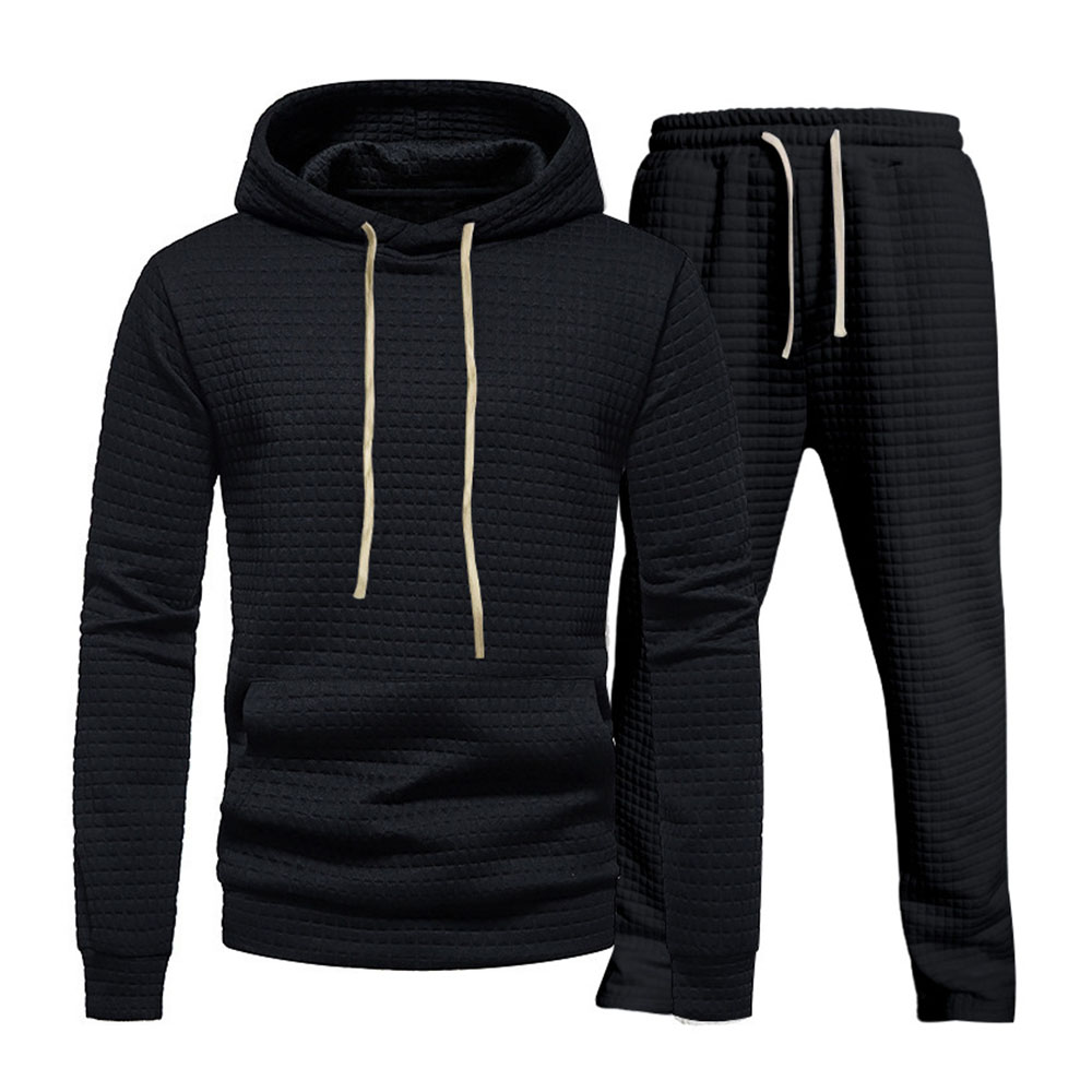 Men's casual small checkered jacquard hooded sweatshirt and pants set