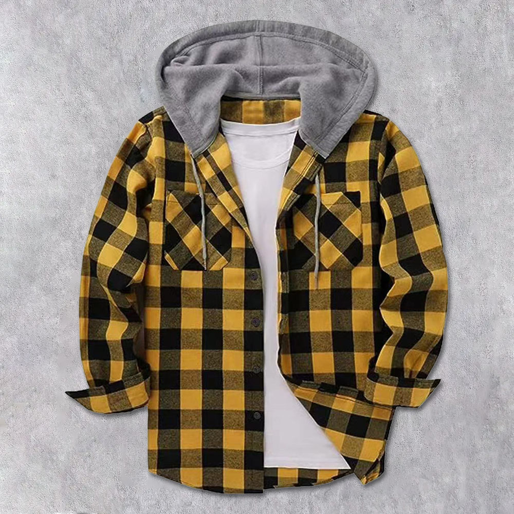 Men's Brushed Checkerboard Hooded Drawstring Cardigan