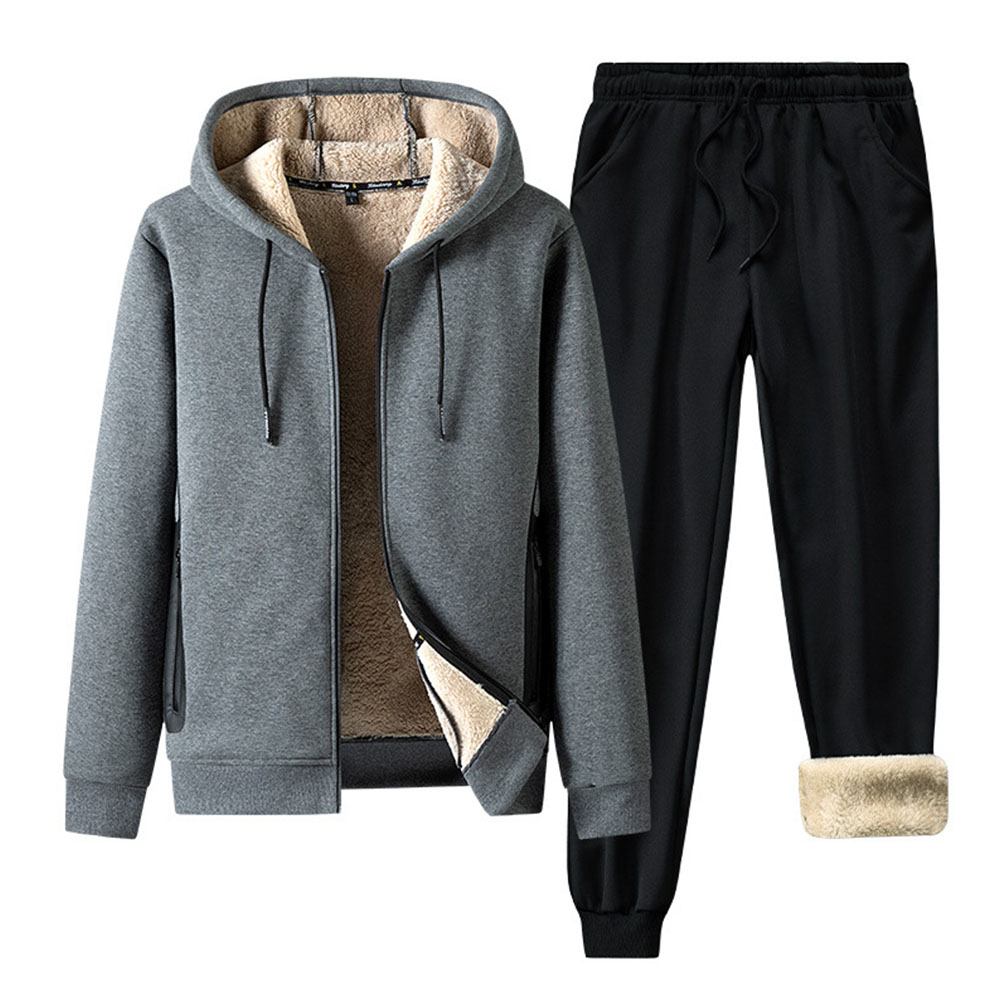 Men's Cotton and Linen Plush Hooded Jacket Sportswear Two-piece Suit