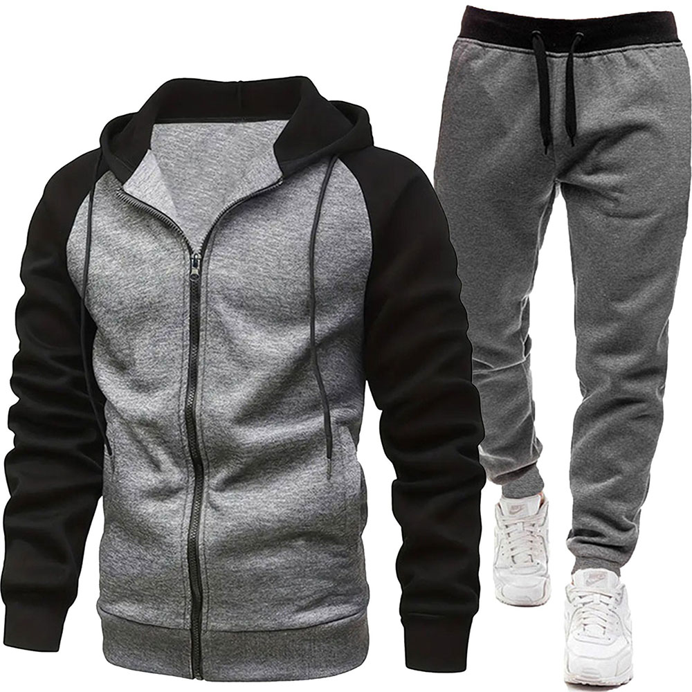 Autumn and Winter Men's Fashionable Color Block Casual Hooded Cardigan Suit