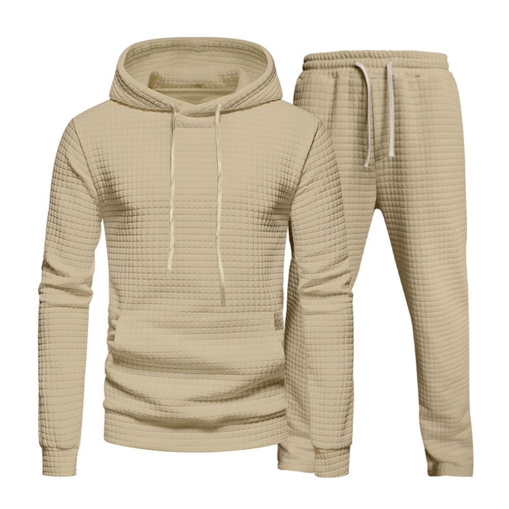 Men's casual small checkered jacquard hooded sweatshirt and pants set