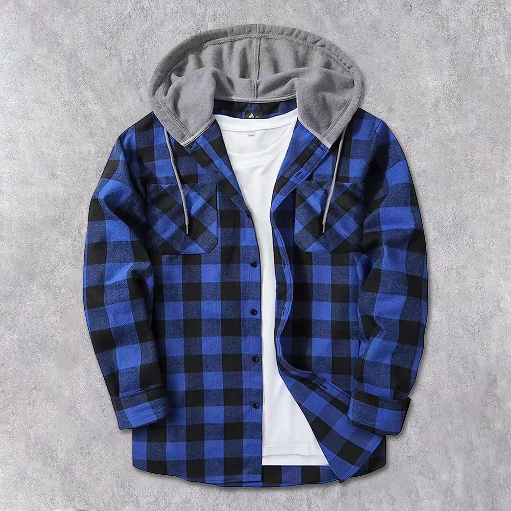 Men's Brushed Checkerboard Hooded Drawstring Cardigan