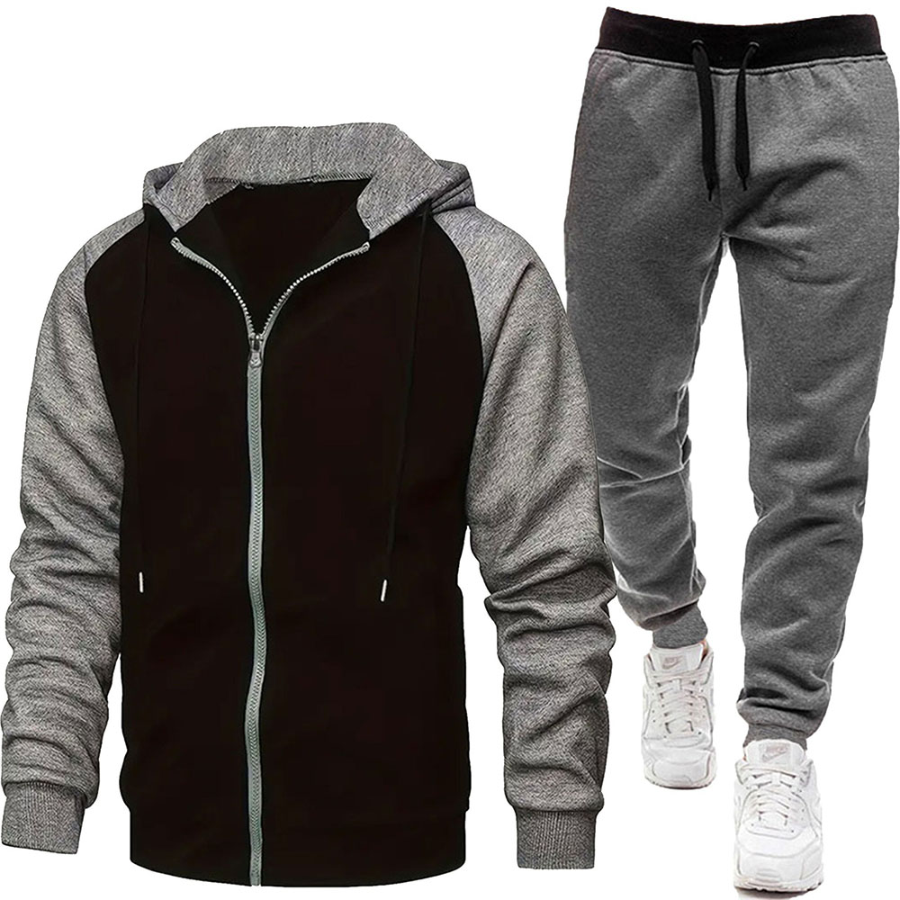 Autumn and Winter Men's Fashionable Color Block Casual Hooded Cardigan Suit