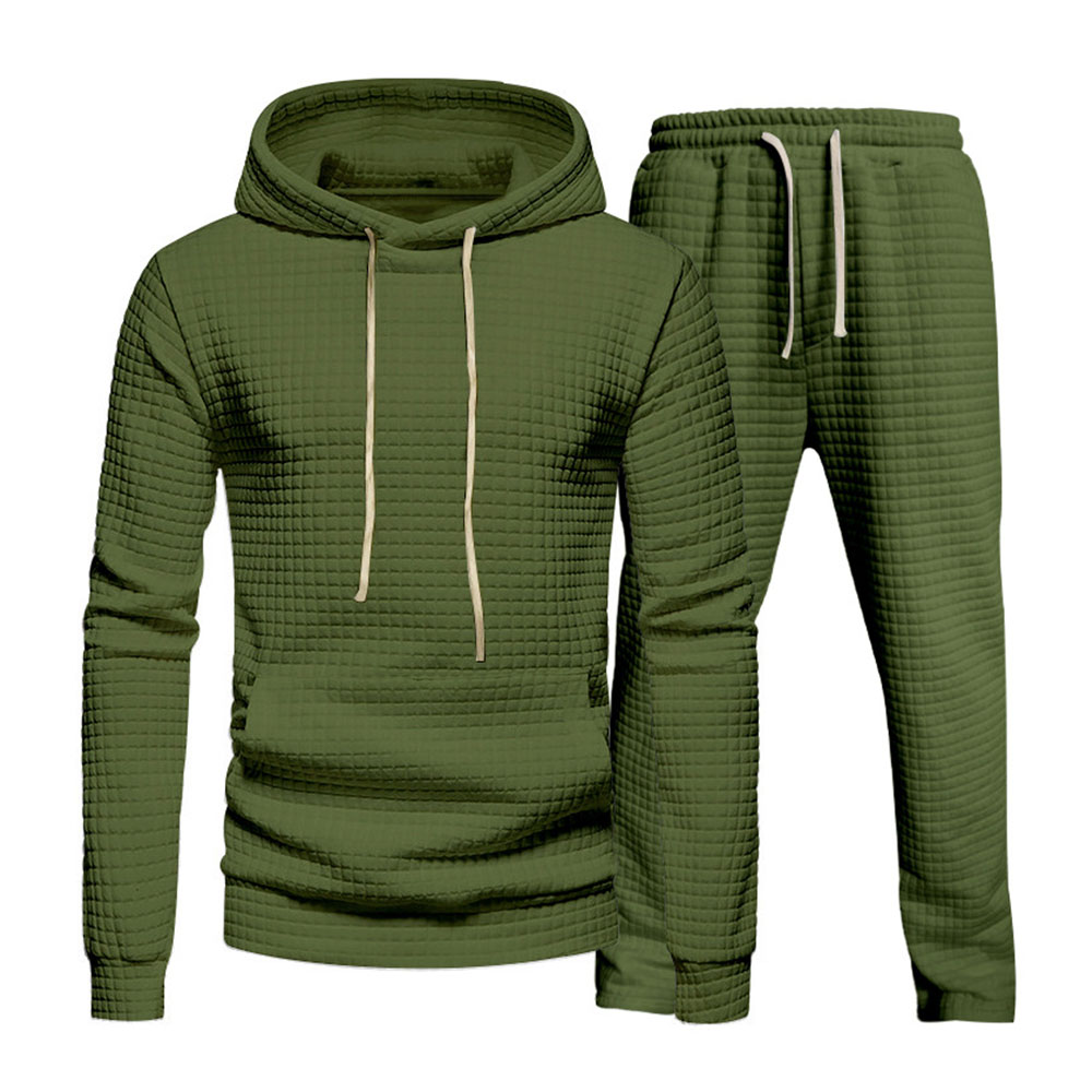 Men's casual small checkered jacquard hooded sweatshirt and pants set