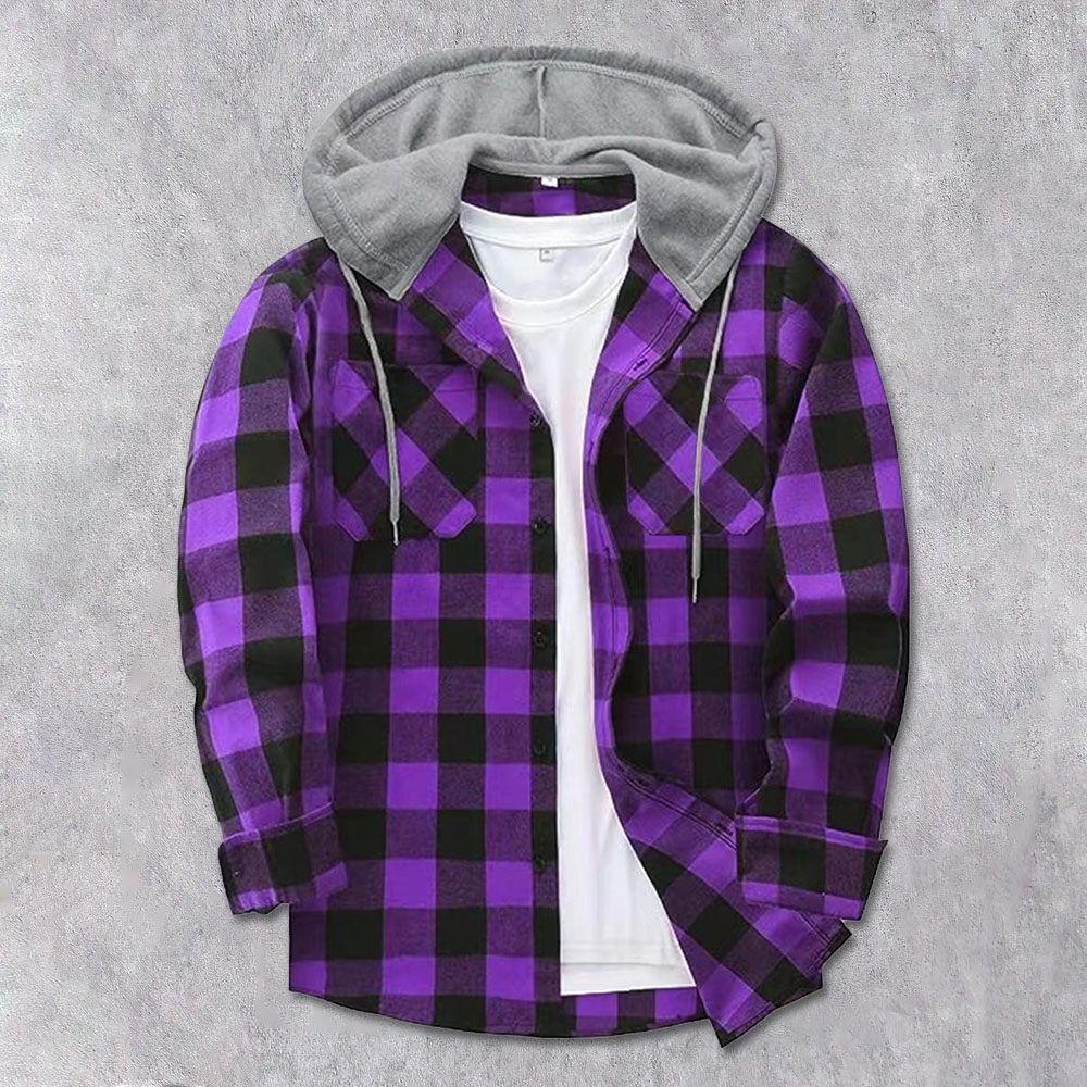 Men's Brushed Checkerboard Hooded Drawstring Cardigan