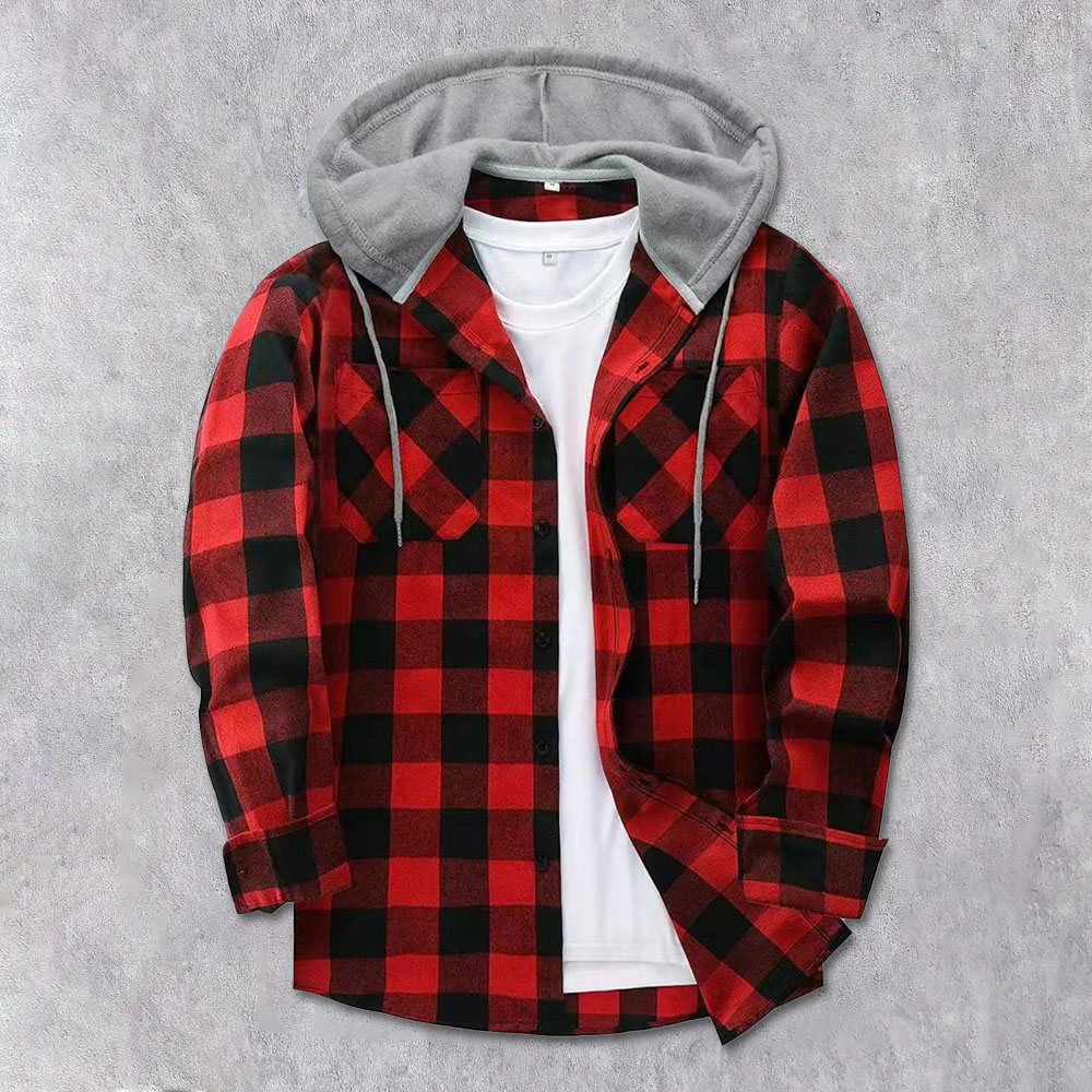 Men's Brushed Checkerboard Hooded Drawstring Cardigan