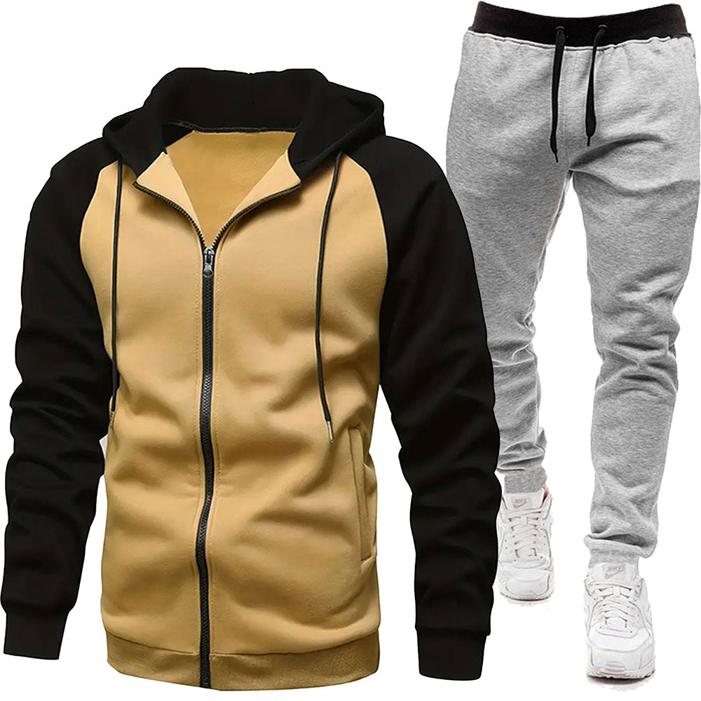Autumn and Winter Men's Fashionable Color Block Casual Hooded Cardigan Suit
