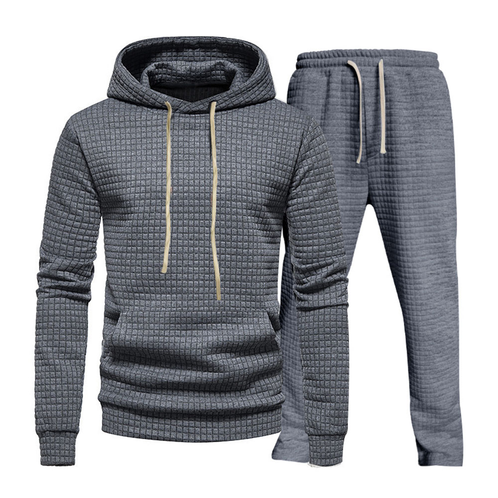 Men's casual small checkered jacquard hooded sweatshirt and pants set