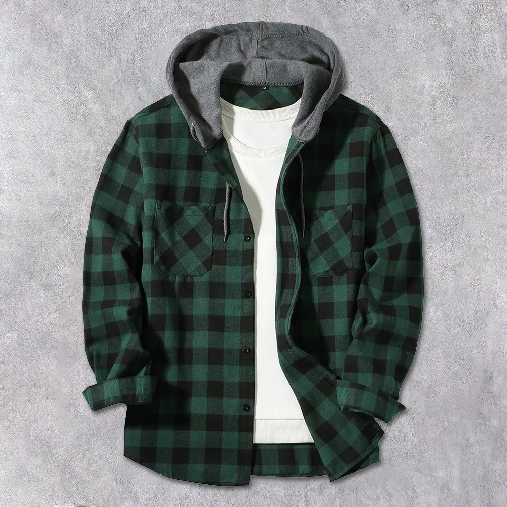 Men's Brushed Checkerboard Hooded Drawstring Cardigan