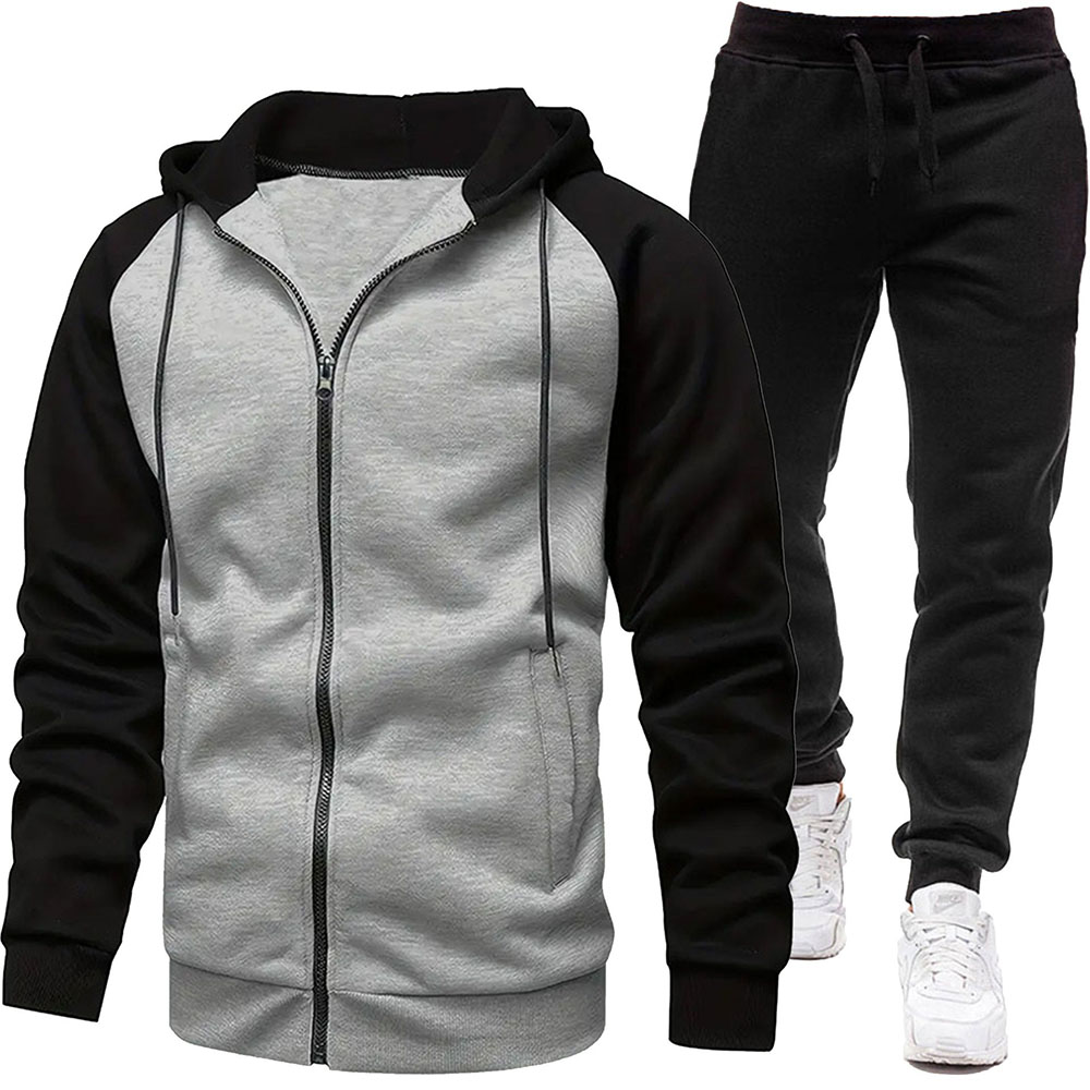 Autumn and Winter Men's Fashionable Color Block Casual Hooded Cardigan Suit