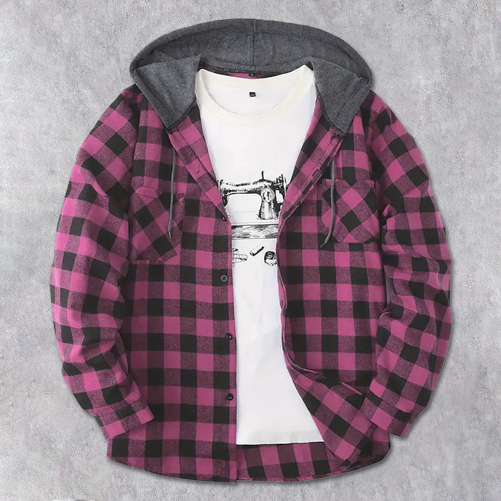 Men's Brushed Checkerboard Hooded Drawstring Cardigan