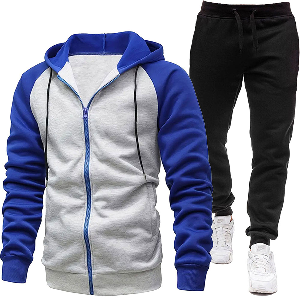 Autumn and Winter Men's Fashionable Color Block Casual Hooded Cardigan Suit