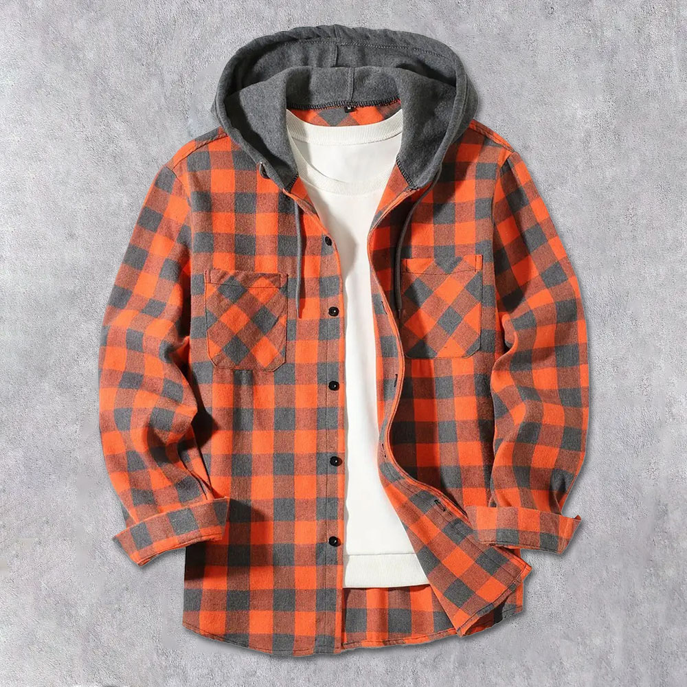 Men's Brushed Checkerboard Hooded Drawstring Cardigan