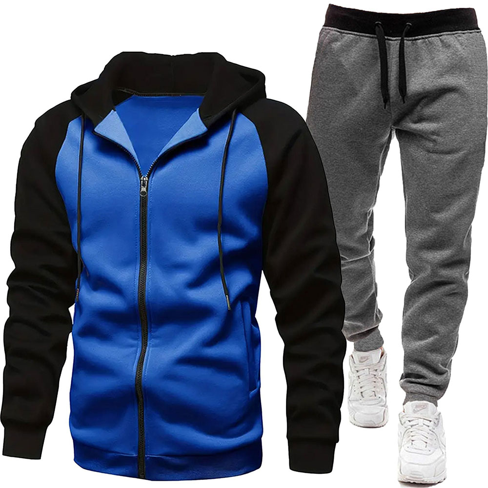 Autumn and Winter Men's Fashionable Color Block Casual Hooded Cardigan Suit