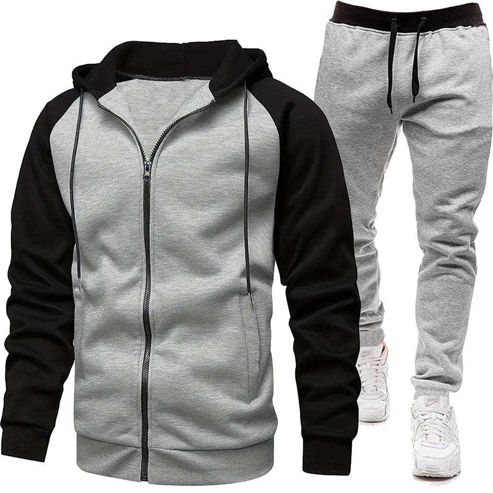 Autumn and Winter Men's Fashionable Color Block Casual Hooded Cardigan Suit