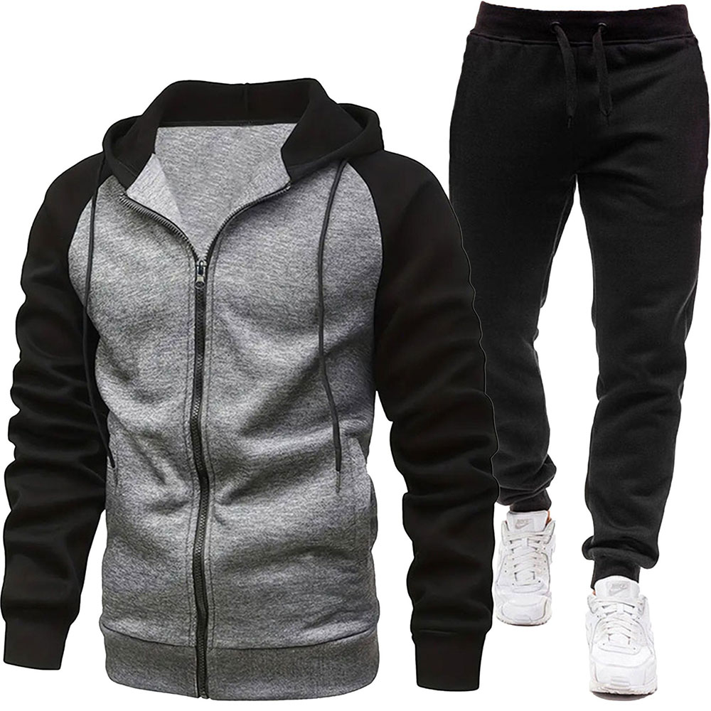 Autumn and Winter Men's Fashionable Color Block Casual Hooded Cardigan Suit