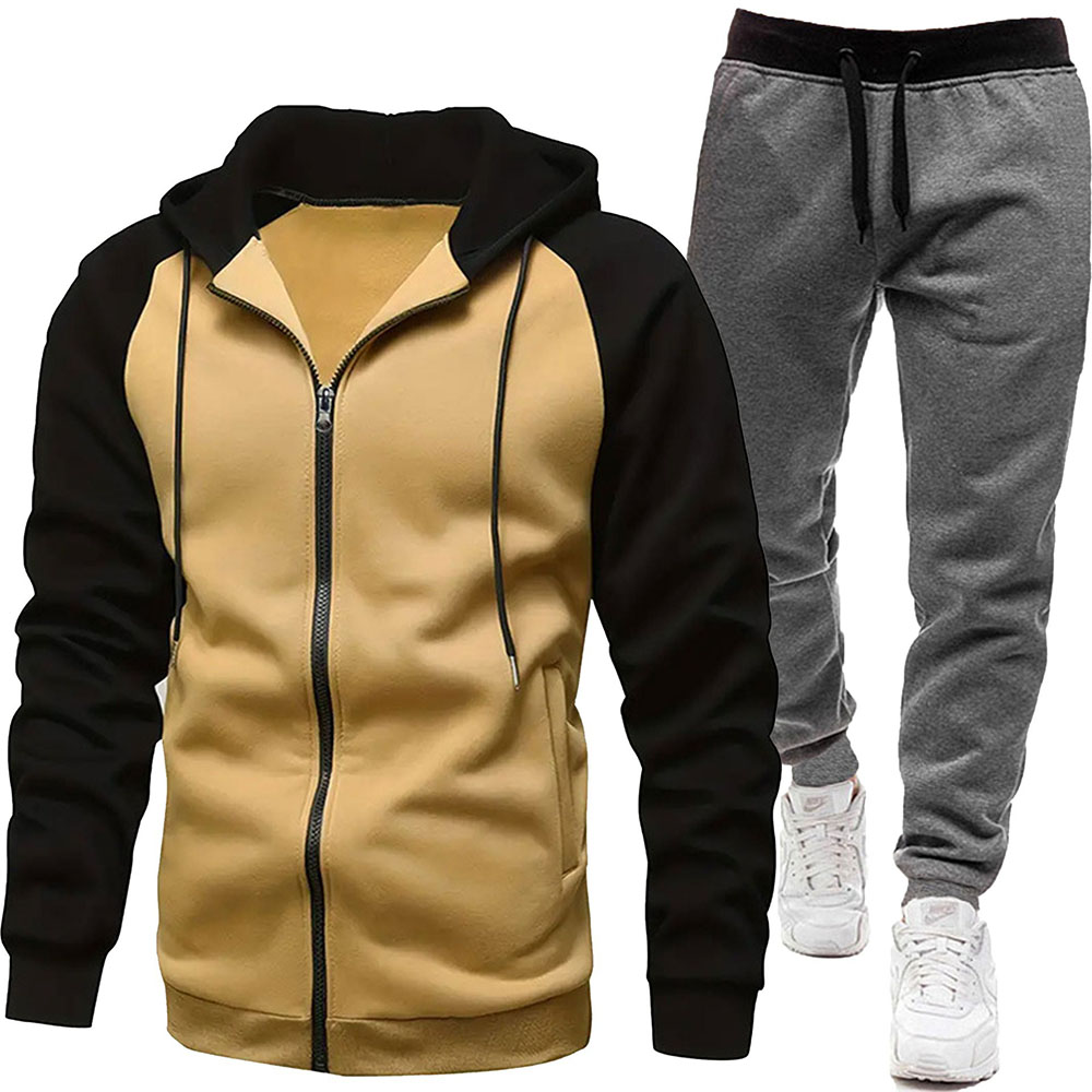 Autumn and Winter Men's Fashionable Color Block Casual Hooded Cardigan Suit