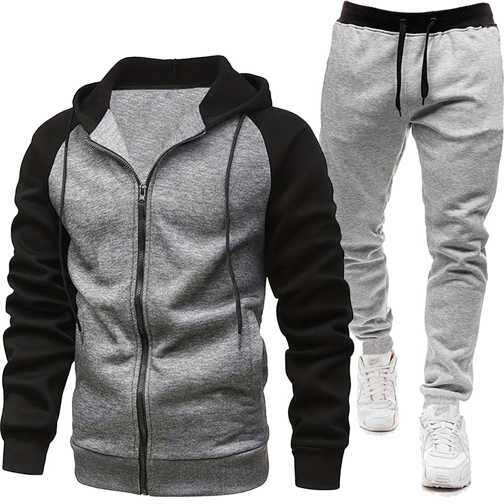 Autumn and Winter Men's Fashionable Color Block Casual Hooded Cardigan Suit