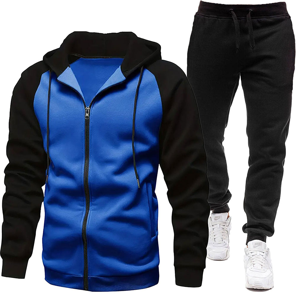 Autumn and Winter Men's Fashionable Color Block Casual Hooded Cardigan Suit