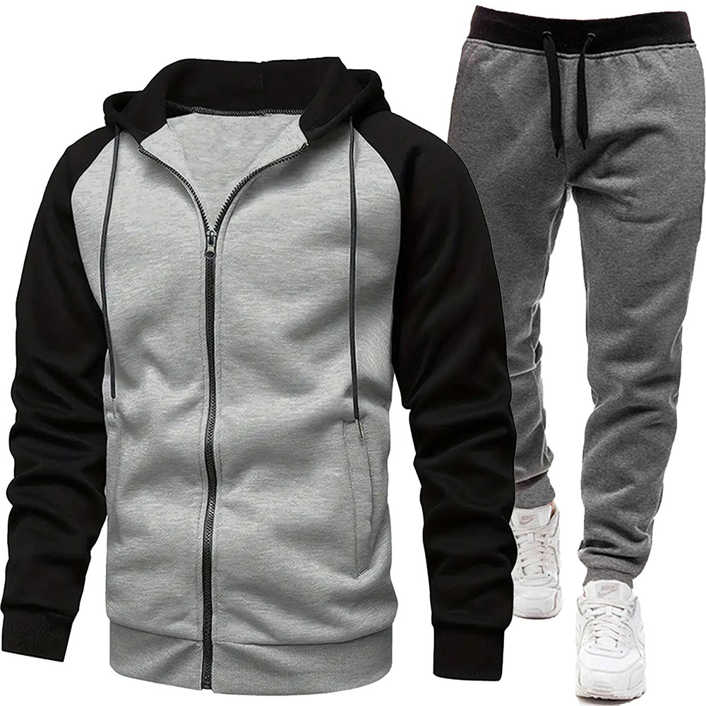Autumn and Winter Men's Fashionable Color Block Casual Hooded Cardigan Suit
