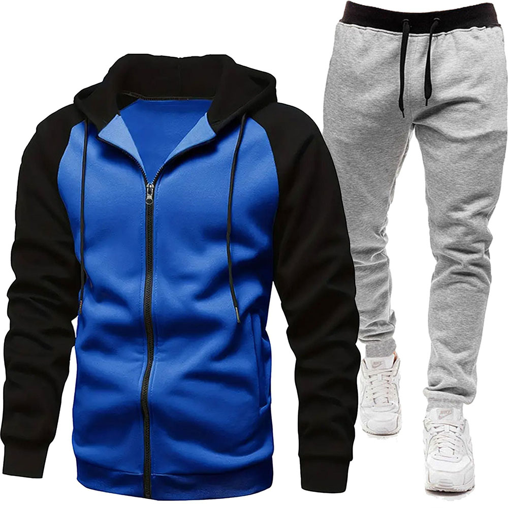 Autumn and Winter Men's Fashionable Color Block Casual Hooded Cardigan Suit