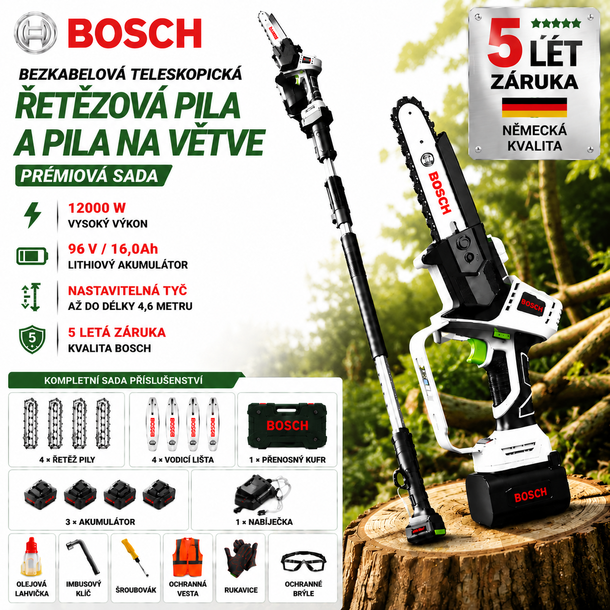 Bosch 12000W lítium akkumulátoros kefe nélküli láncfűrész
