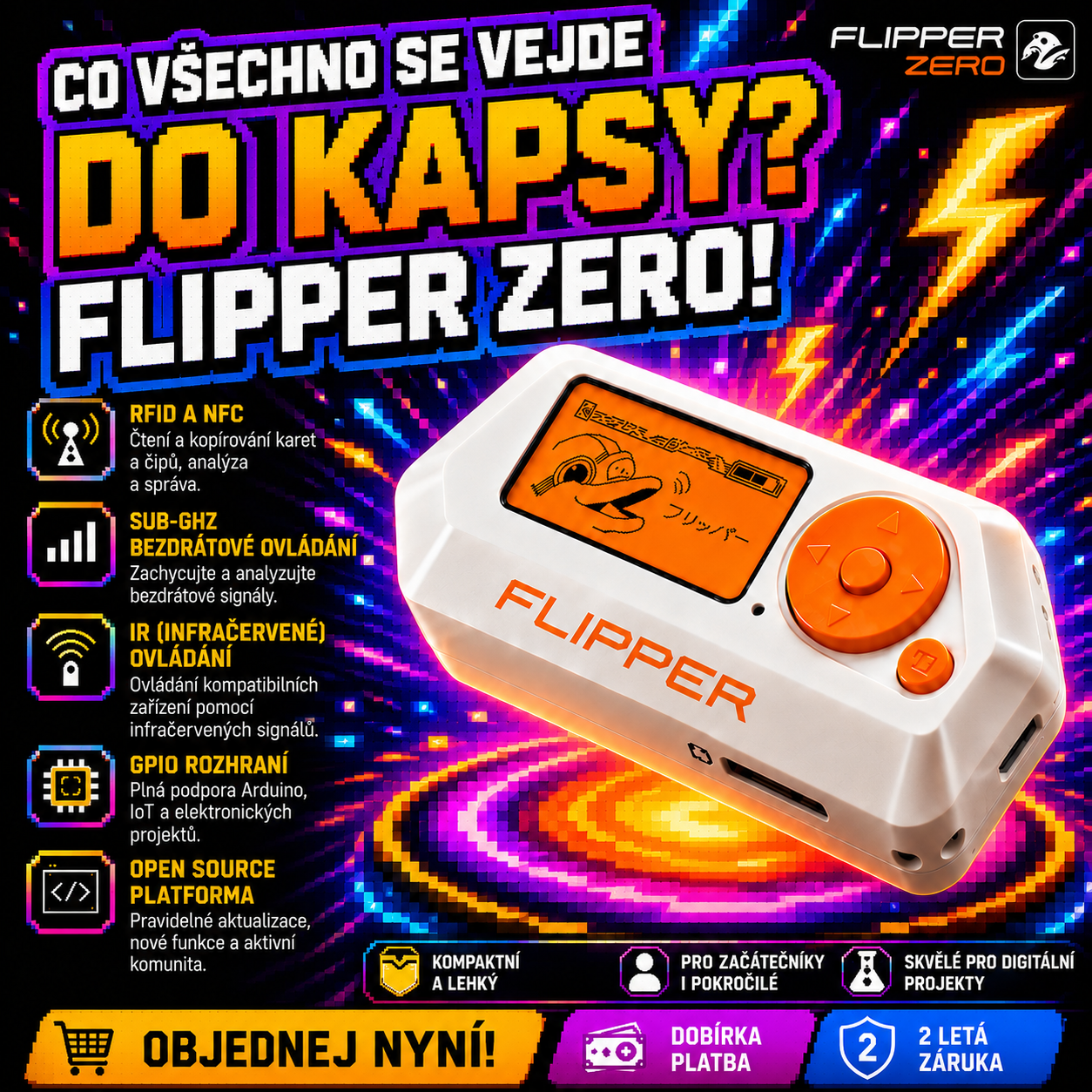 Flipper Zero - digitální klonování klíčů Multitool Radiohacking RFID IR BT