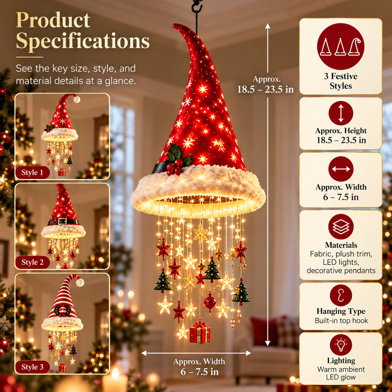Lighted Santa Hat Chandelier product specifications and dimensions