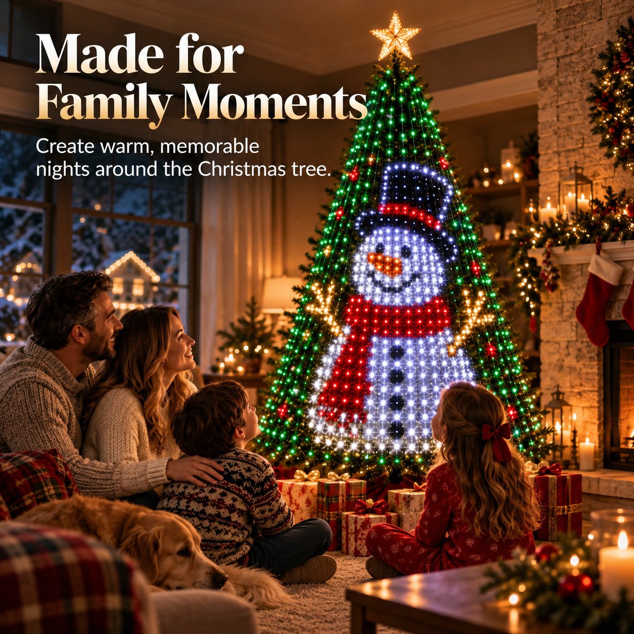Family enjoying animated Christmas tree lights