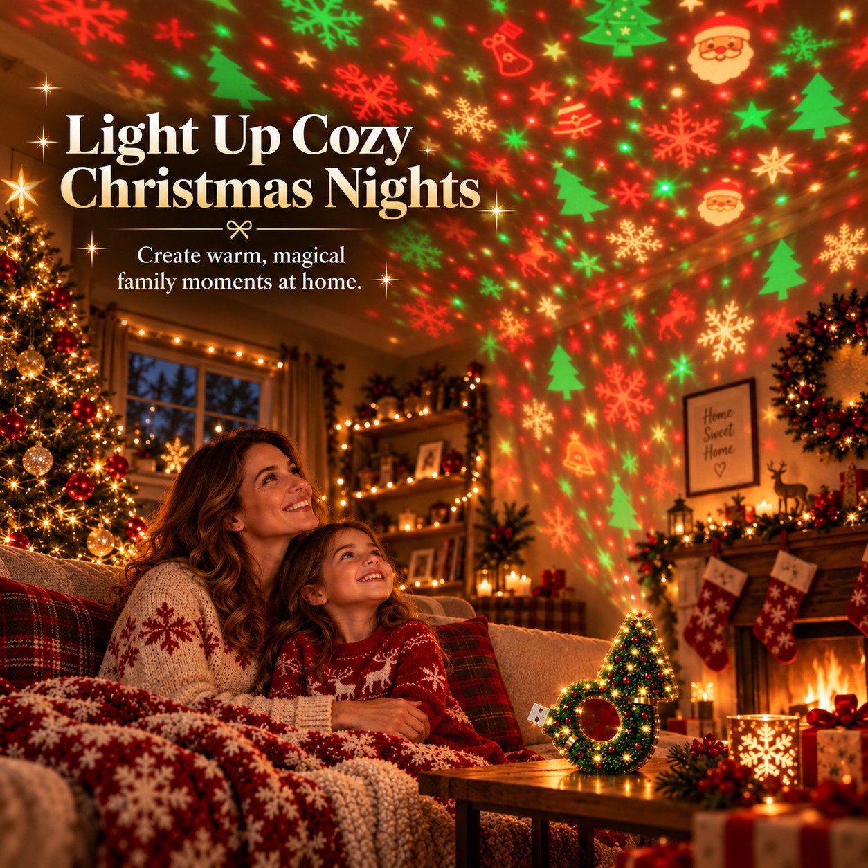 Christmas projector lighting up walls and ceiling
